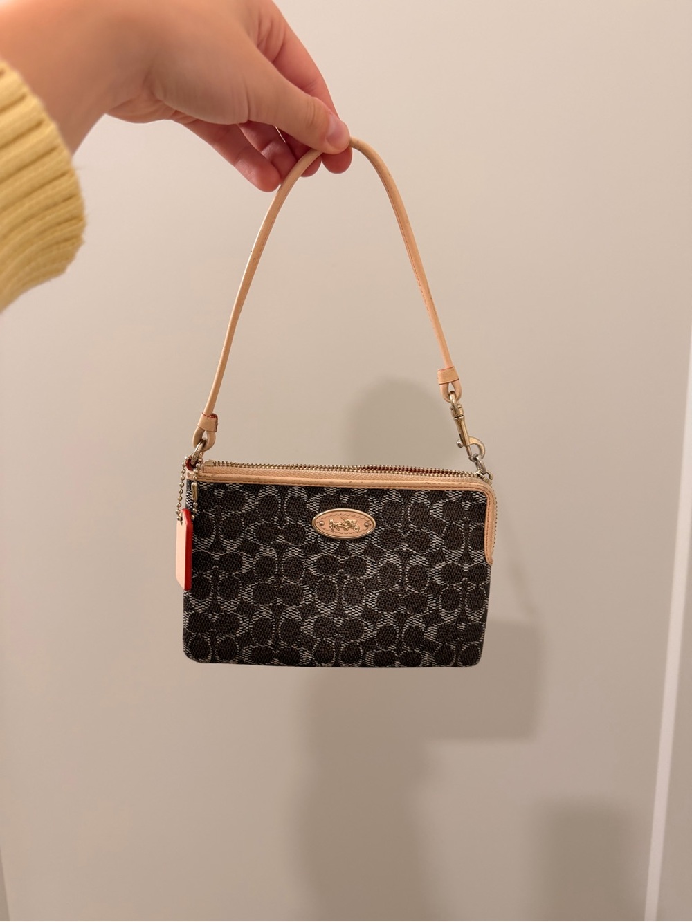 Coach brown  Signature Canvas Wristlet with Tan Leather Trim
